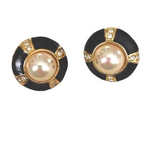 Roman Vintage Round Black Earrings w Golden, diamond pearl look. EUC